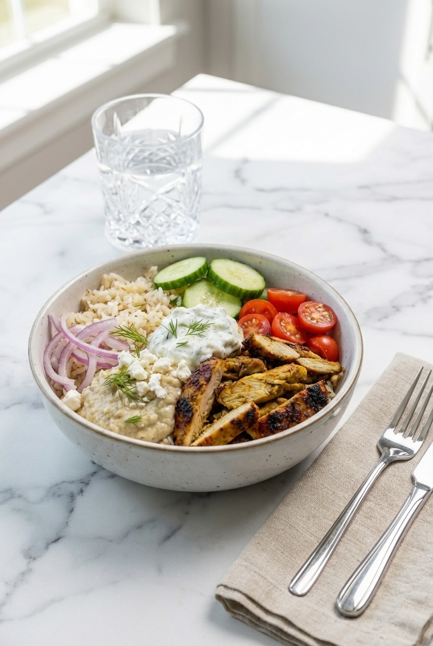 A bright and fresh table setting with fully assembled chicken shawarma bowls ready to be served for a healthy dinner.