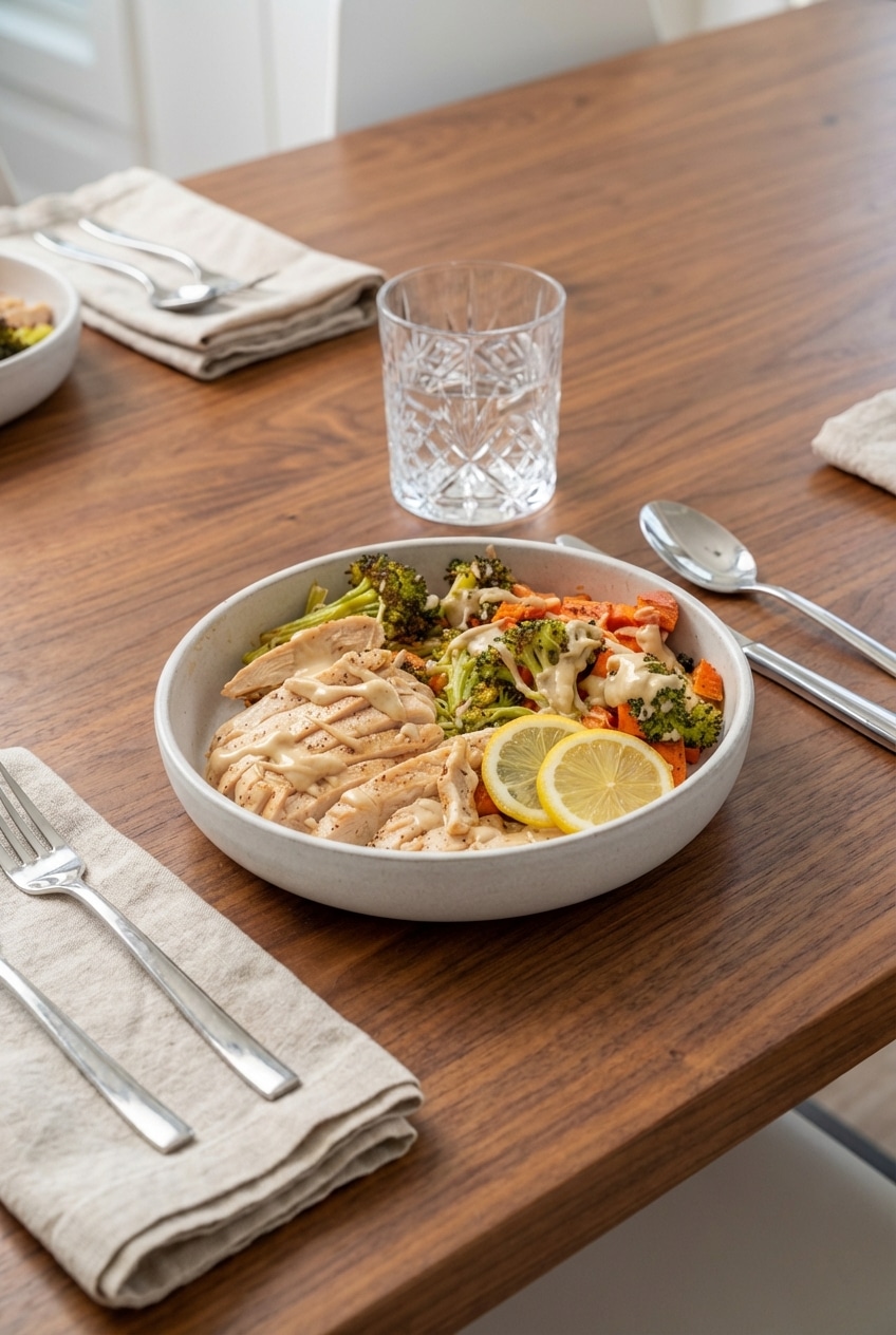 A close-up of a fork lifting a piece of chicken and roasted sweet potato from a tahini chicken bowl, ready to eat.