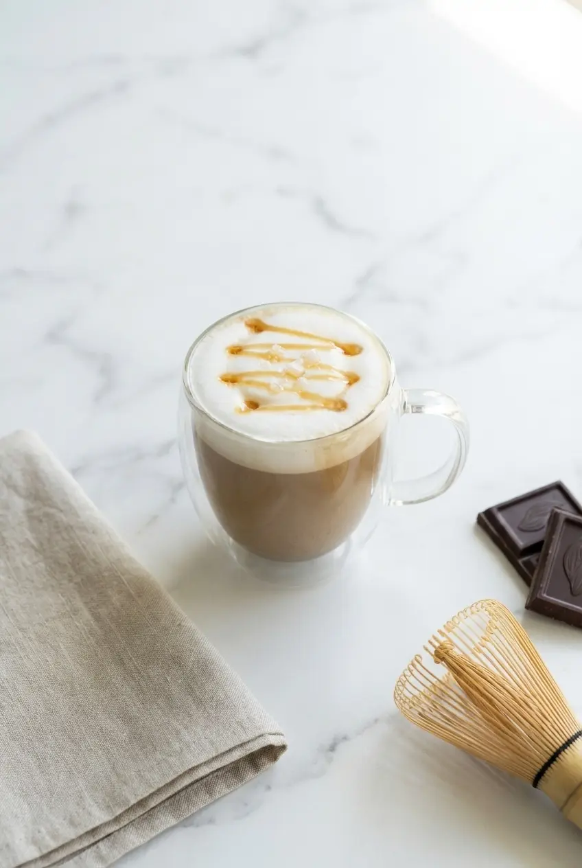 A freshly poured hojicha latte recipe resting on a wooden table beside a small pitcher of oat milk and a linen napkin.