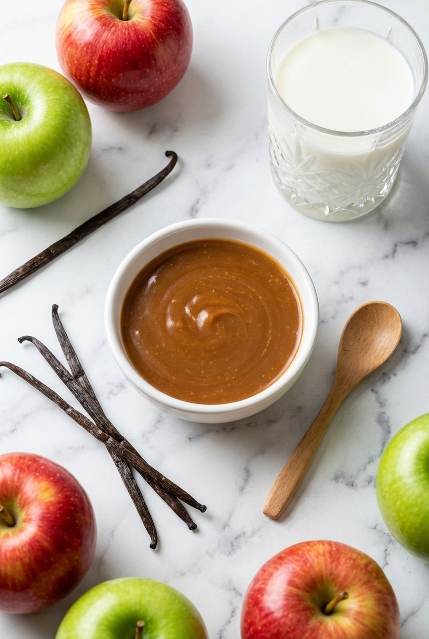 A glass jar filled with this miso caramel recipe poured generously over a scoop of vanilla bean ice cream.