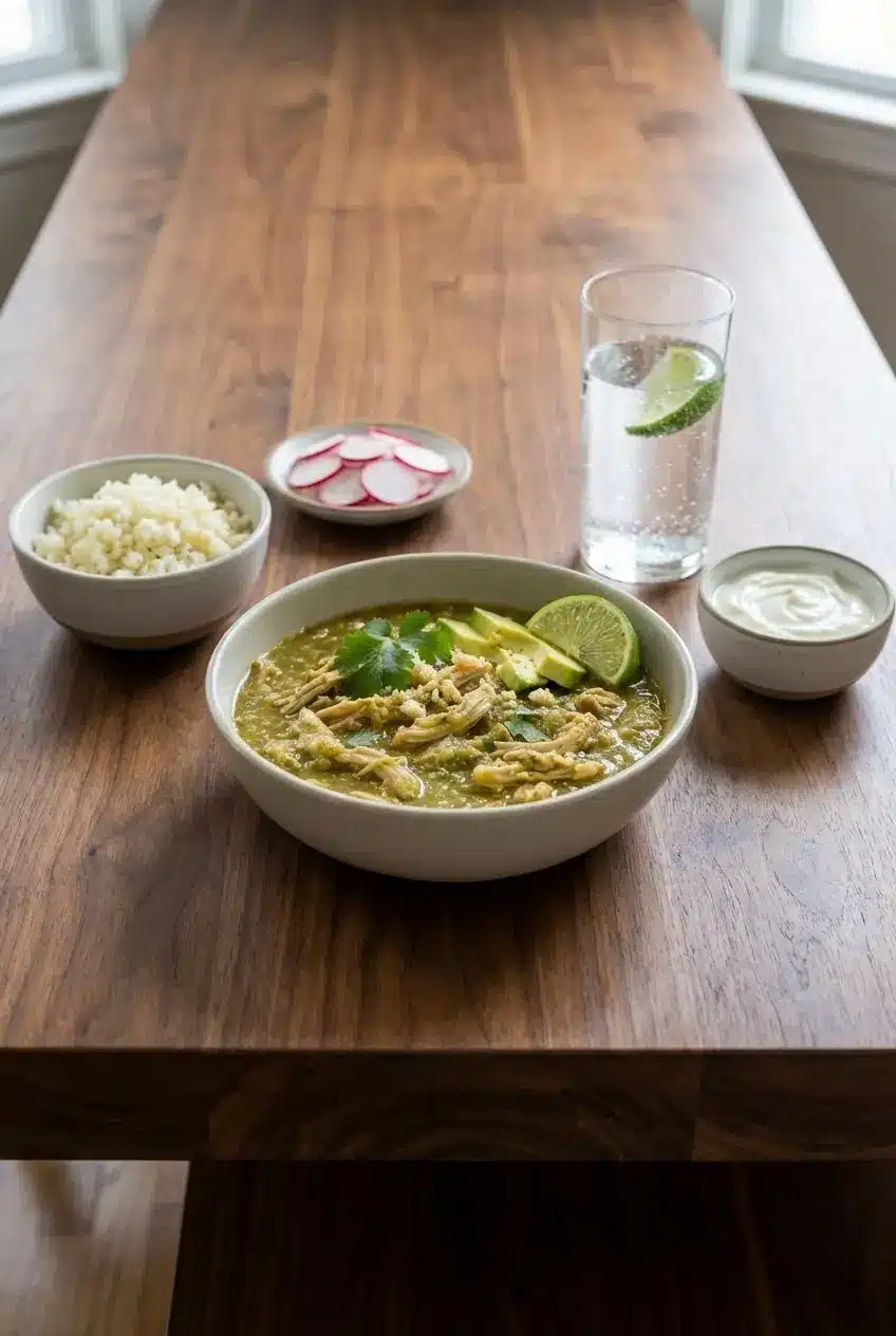 Portions of Keto Green Chili Chicken served in bowls on a wooden table with keto-friendly garnishes.