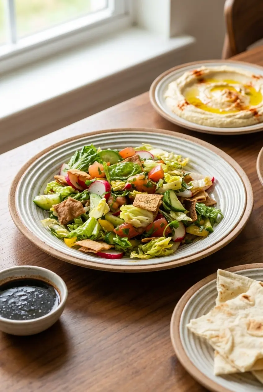 A nicely plated lebanese fattoush salad recipe served alongside fresh mint, ready to be enjoyed at a cozy family dinner.