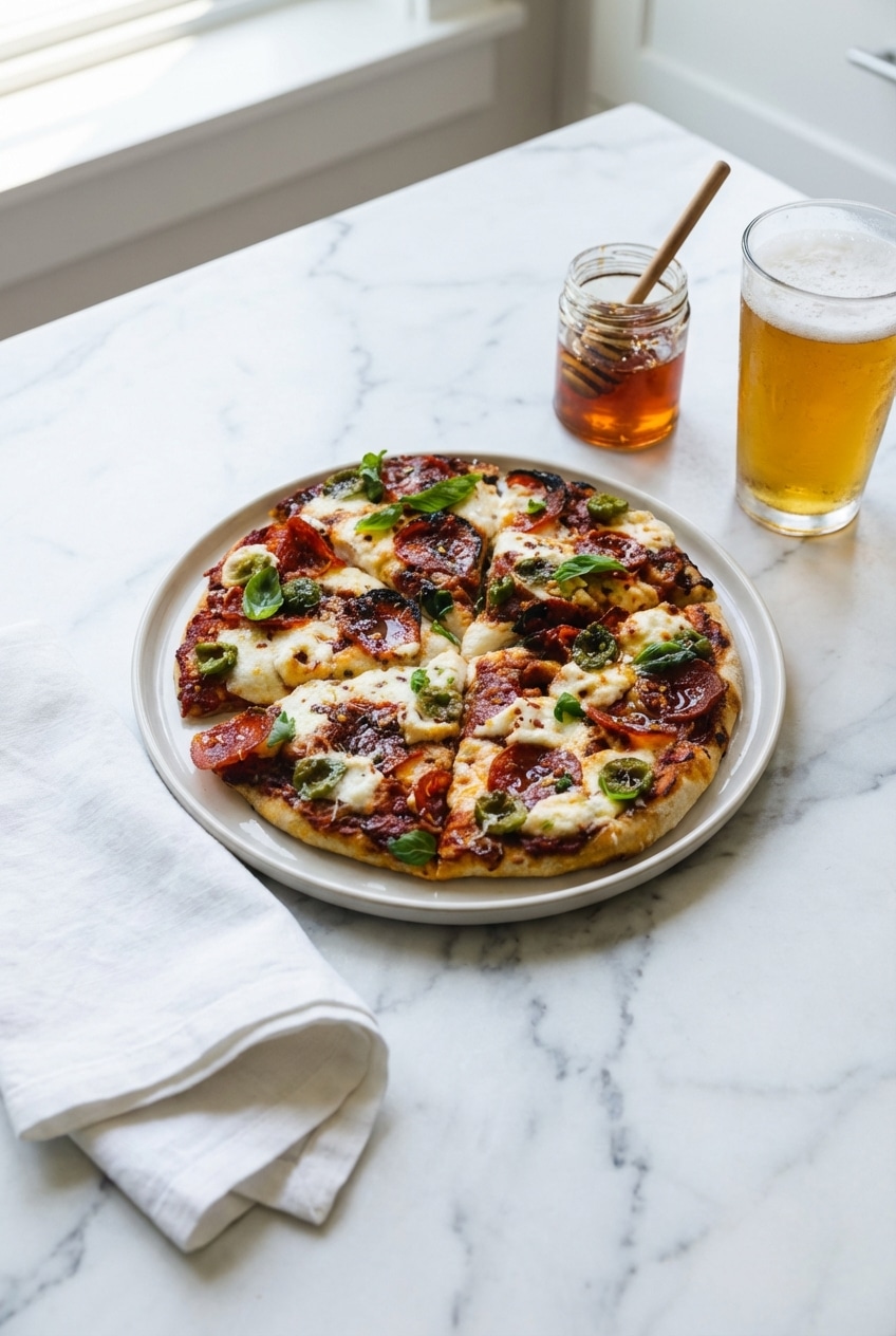 Leftover slices of a hot honey pizza recipe arranged neatly in an airtight container on a kitchen counter.