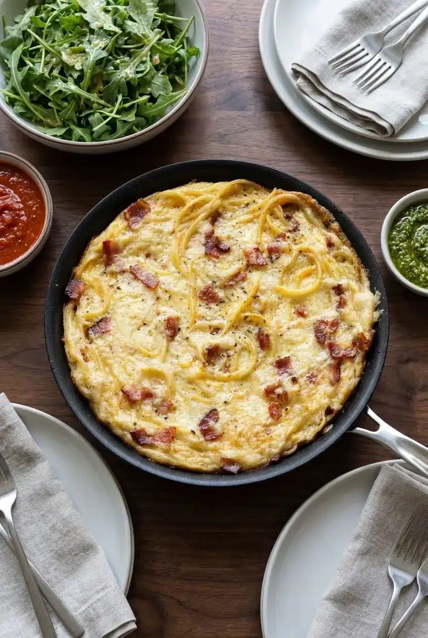 Slices of leftover pasta frittata served on a plate, ideal for a quick and comforting lunch or dinner.