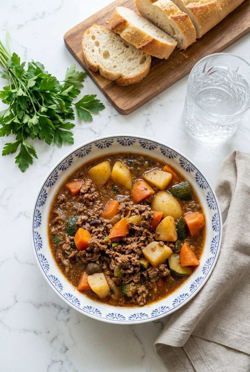 A rustic bowl of leftover Poor Man's Stew ready to be reheated for a cozy and comforting lunch the next day.