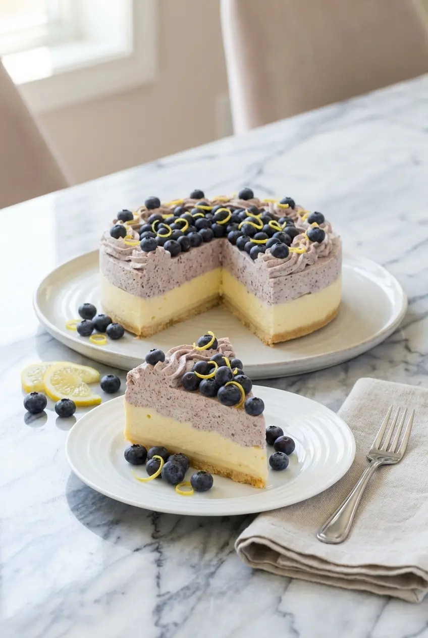 Lemon Blueberry Shortbread Mousse Cake on a serving platter ready for a garden party or brunch.