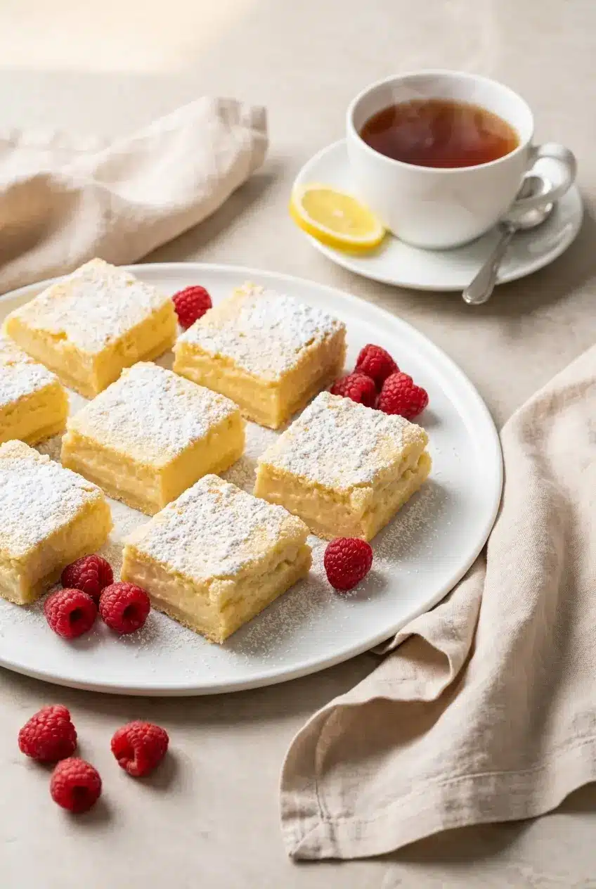 A slice of powdered sugar-dusted Lemon Custard Cake served on a plate for a spring brunch.
