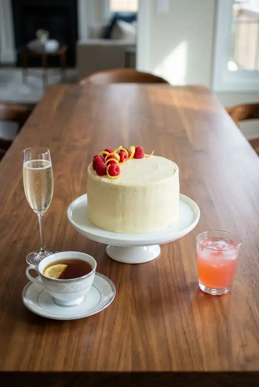 A fresh slice of lemon raspberry cake plated and ready for serving at a garden party.