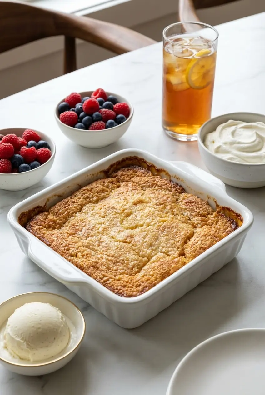 A delicious serving of Magic Lemon Cobbler on a plate, highlighting its bright citrus dessert appeal.