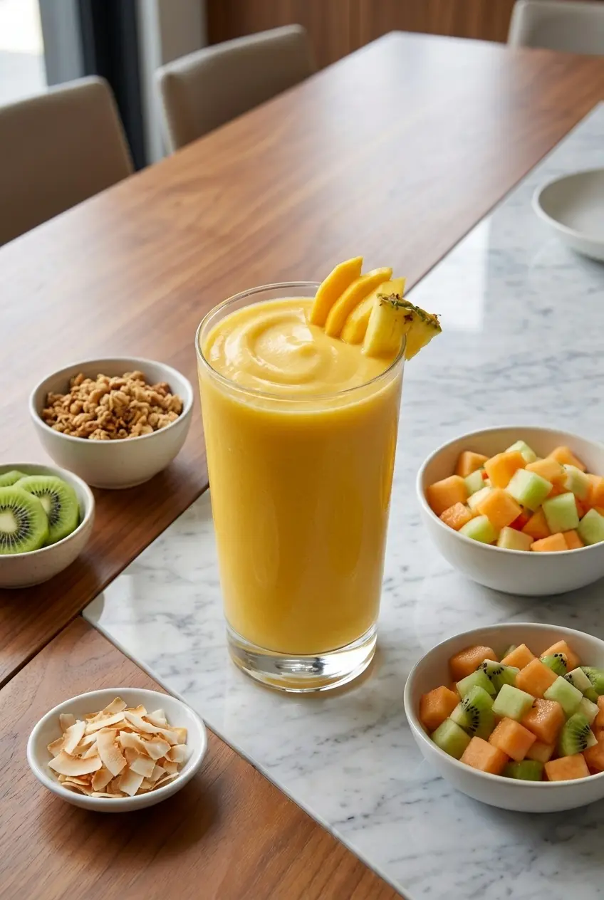 Two glasses of mango pineapple smoothie served on a bright table with tropical garnishes.