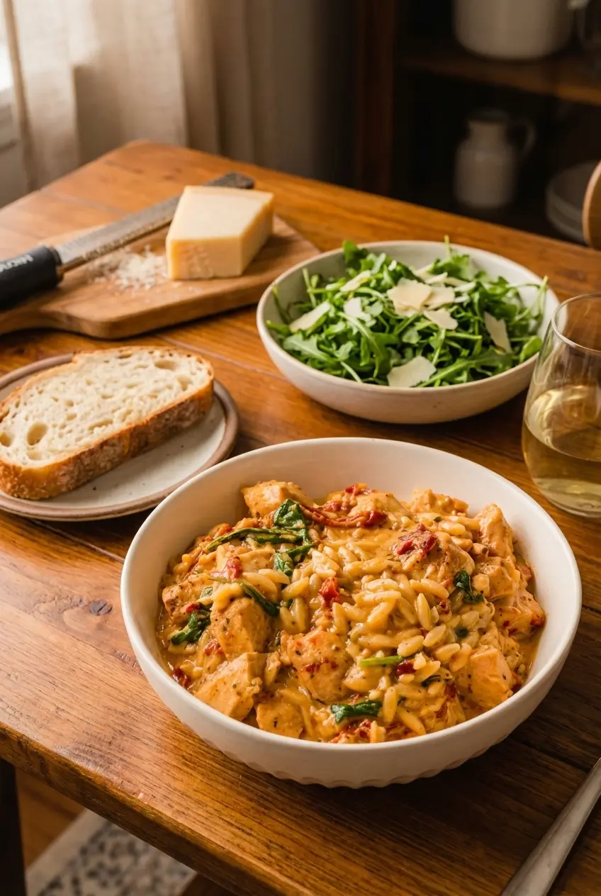 A comforting bowl of marry me chicken orzo recipe garnished with freshly grated parmesan cheese and herbs.
