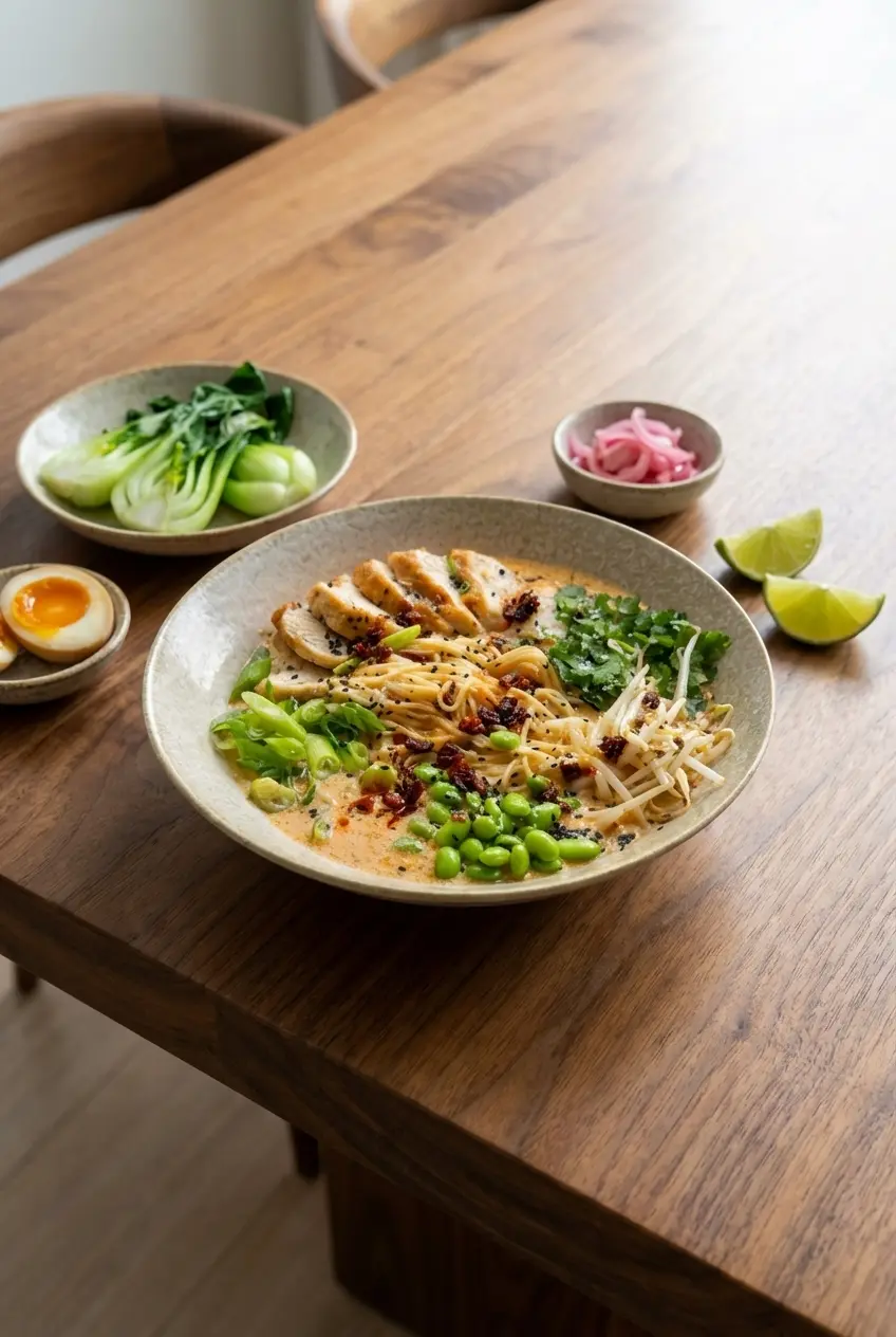 A bowl of Marry Me Chicken Ramen on a cozy dinner table, topped with parmesan cheese and fresh lime.