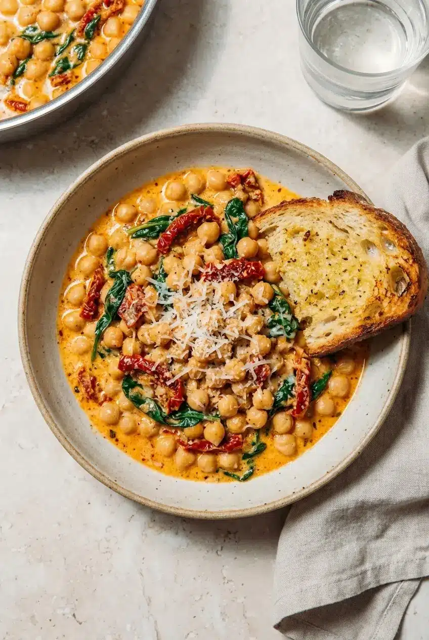 Serving a warm portion of this marry me chickpeas recipe over crusty bread with a sprinkle of parmesan cheese.