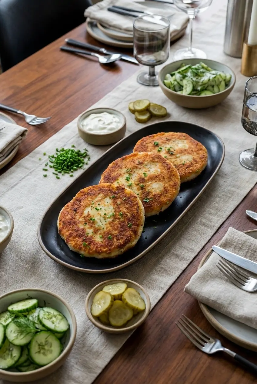 A stack of mashed potato pancakes with meat filling served on a rustic plate for a cozy weeknight dinner.