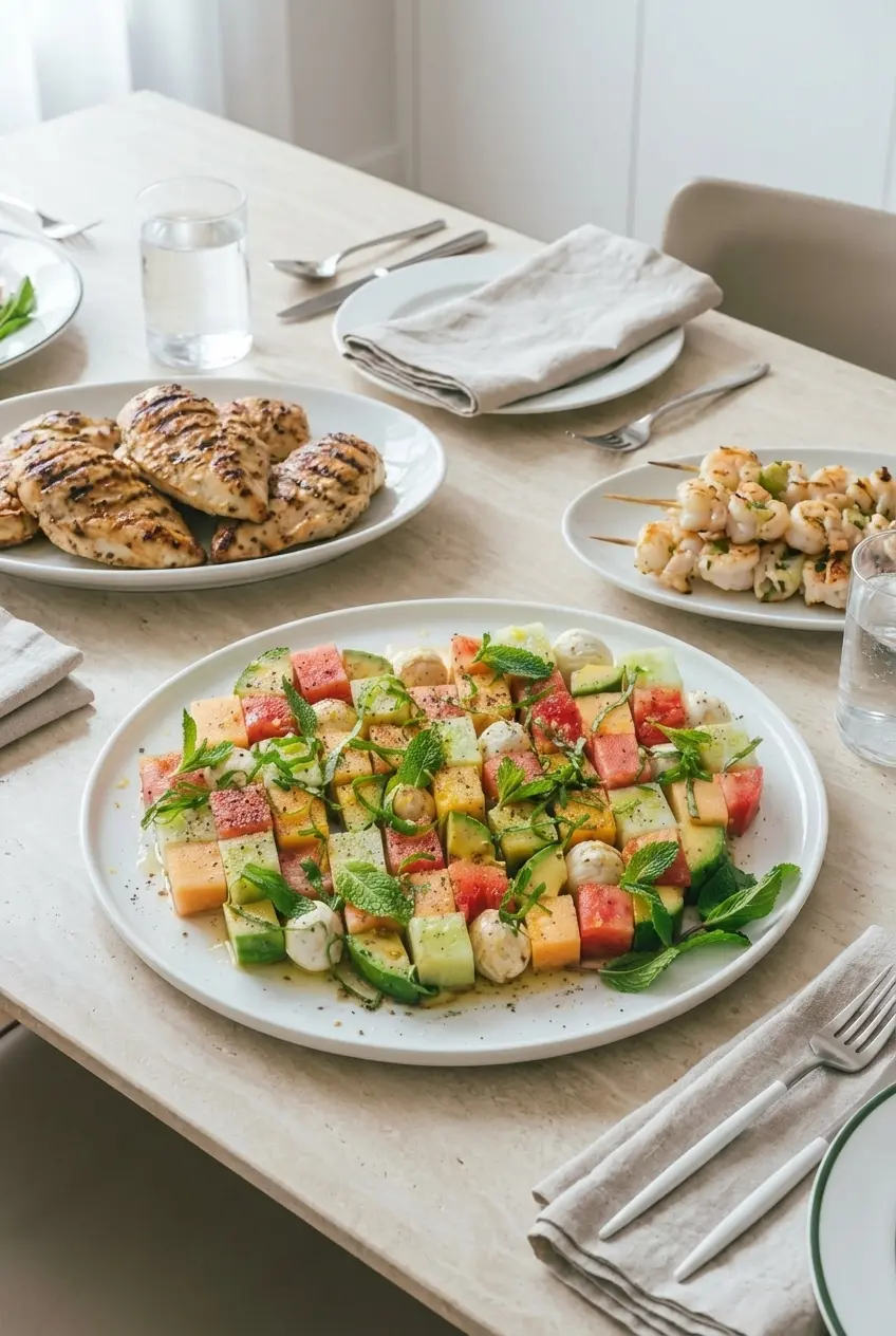 Melon Mosaic Salad ready to serve in a bright outdoor summer setting.