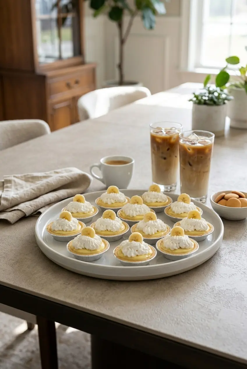 A chilled platter of mini banana cream pies garnished with stiff peaks of whipped cream and vanilla wafers.