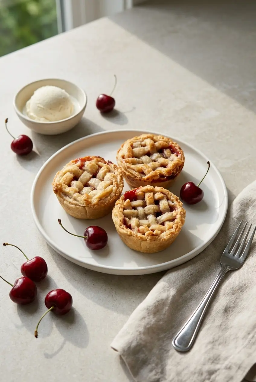 A plate of mini cherry pies ready to be served as handheld desserts at a summer potluck.