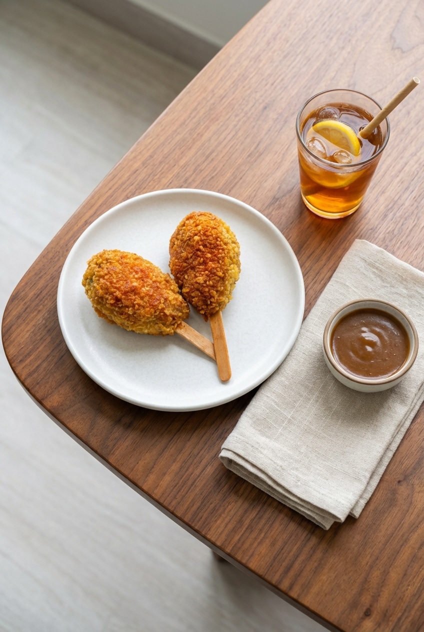 Plated mock chicken legs served on a dinner table with fresh herbs and a side of creamy dipping sauce.