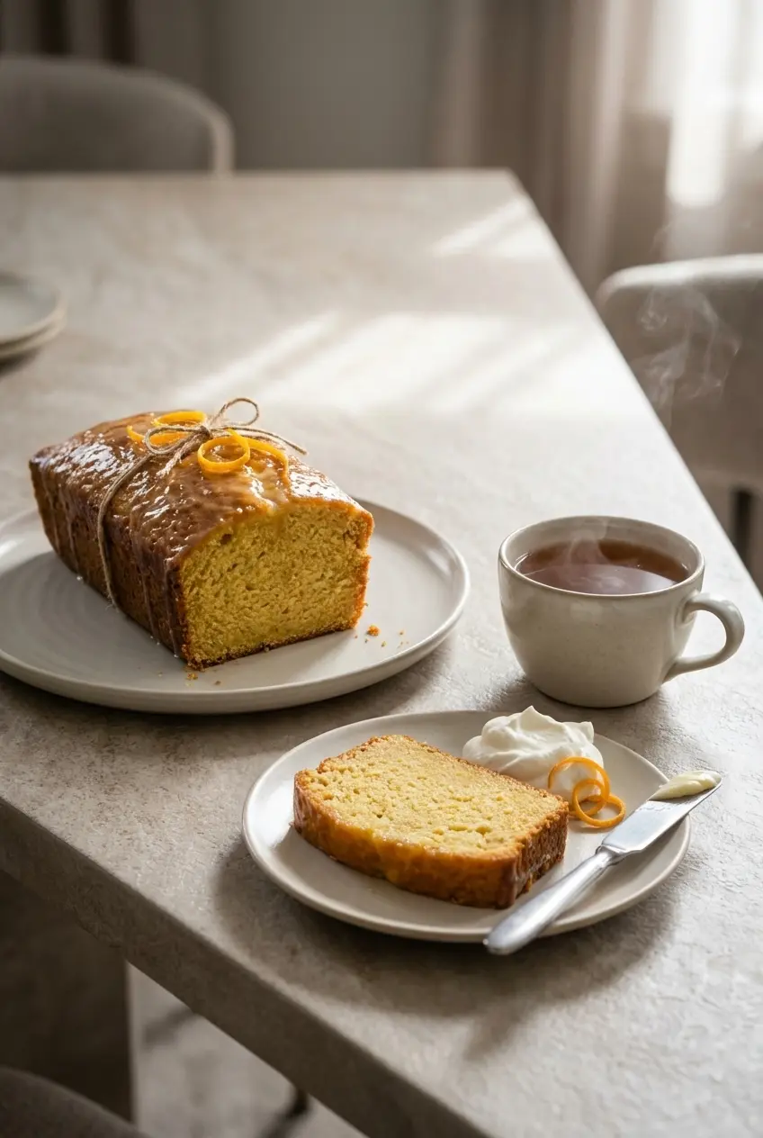 A slice of Orange Ginger Honey Cake served on a plate for a cozy afternoon tea.