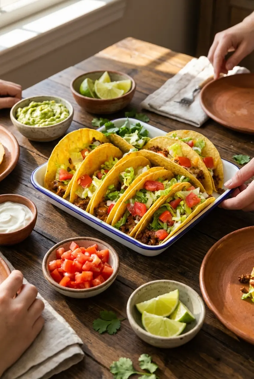 Freshly plated Oven Baked Cheesy Tacos ready to serve for a casual family dinner alongside vibrant fresh toppings.