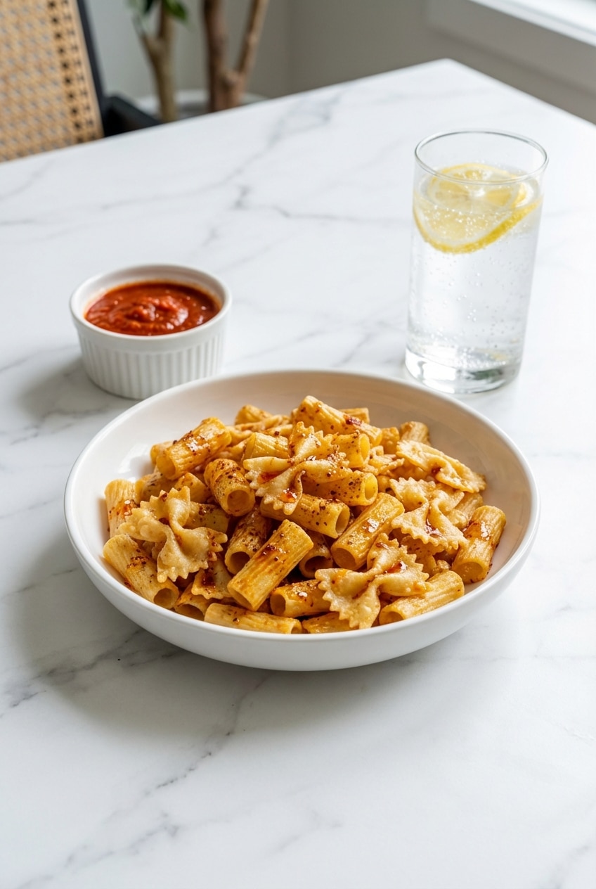 A wooden bowl filled with the finished pasta chips recipe sitting on a counter next to a dipping sauce.