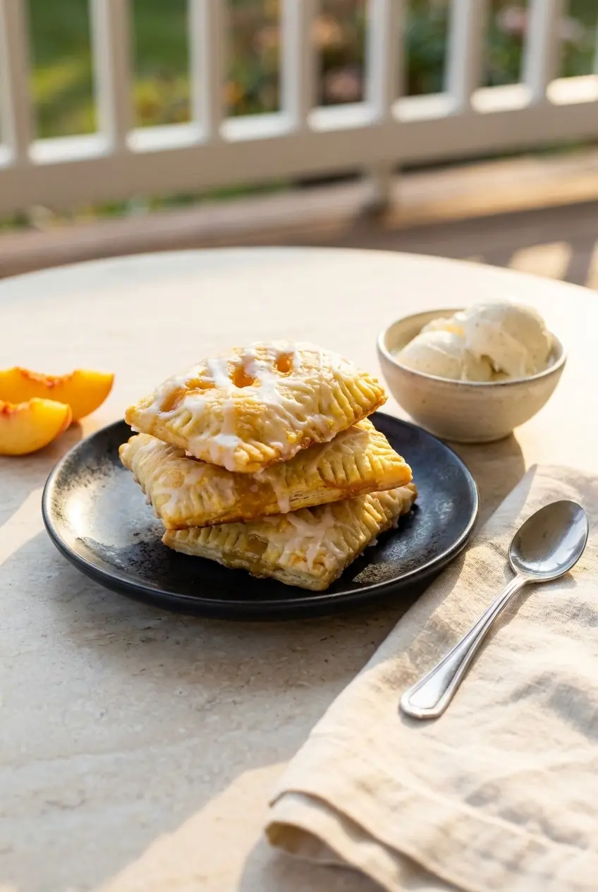 Stack of Peach Hand Pies on a rustic plate with a drizzled bourbon glaze ready for serving.