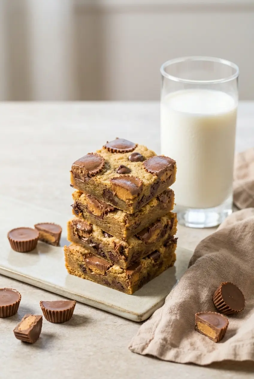 Stack of peanut butter cup gooey cookie bars sliced into squares and ready for serving.