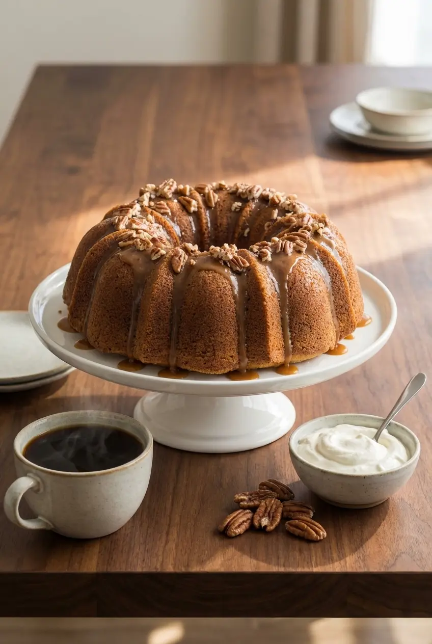 Slices of Pecan Sour Cream Pound Cake served on a white plate, ready for a cozy dessert pairing.