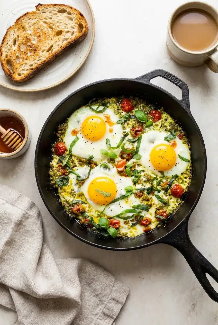 A plated Pesto Eggs Recipe topped with hot honey, served on sourdough toast with a fork ready to cut into the yolk.