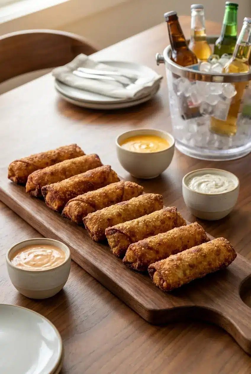A platter of Philly Cheesesteak Egg Rolls ready to be served as a game day recipe appetizer.