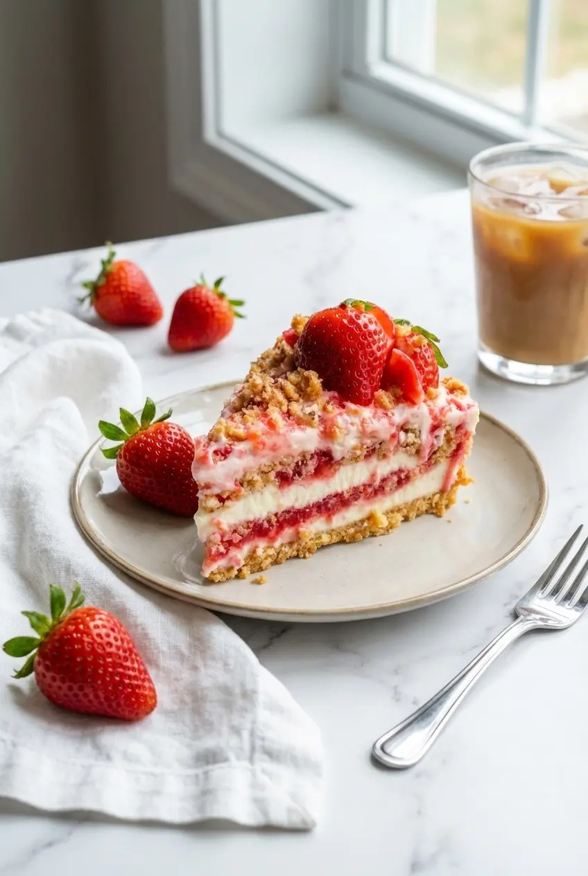 A chilled Berrylicious Strawberry Crunch CheeseCake ready to serve on a white dessert plate with fresh strawberry garnish.