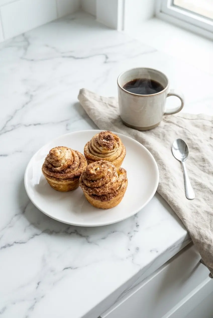 Two Cinnamon Sugar Cruffins served on a small ceramic plate next to a cup of hot coffee and a linen napkin.