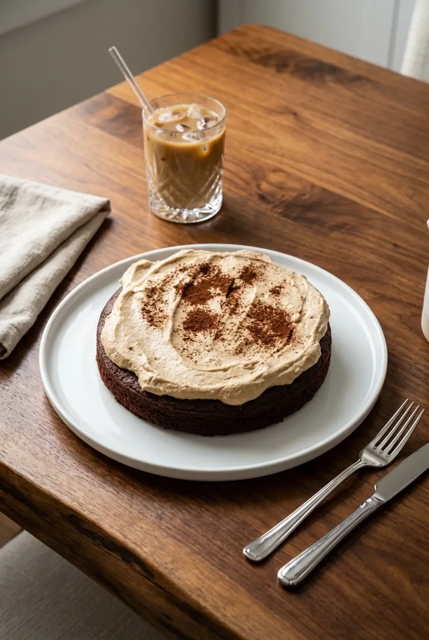 Chilled Dalgona Coffee Brownies cut into neat squares and served on a plate with baking parchment.