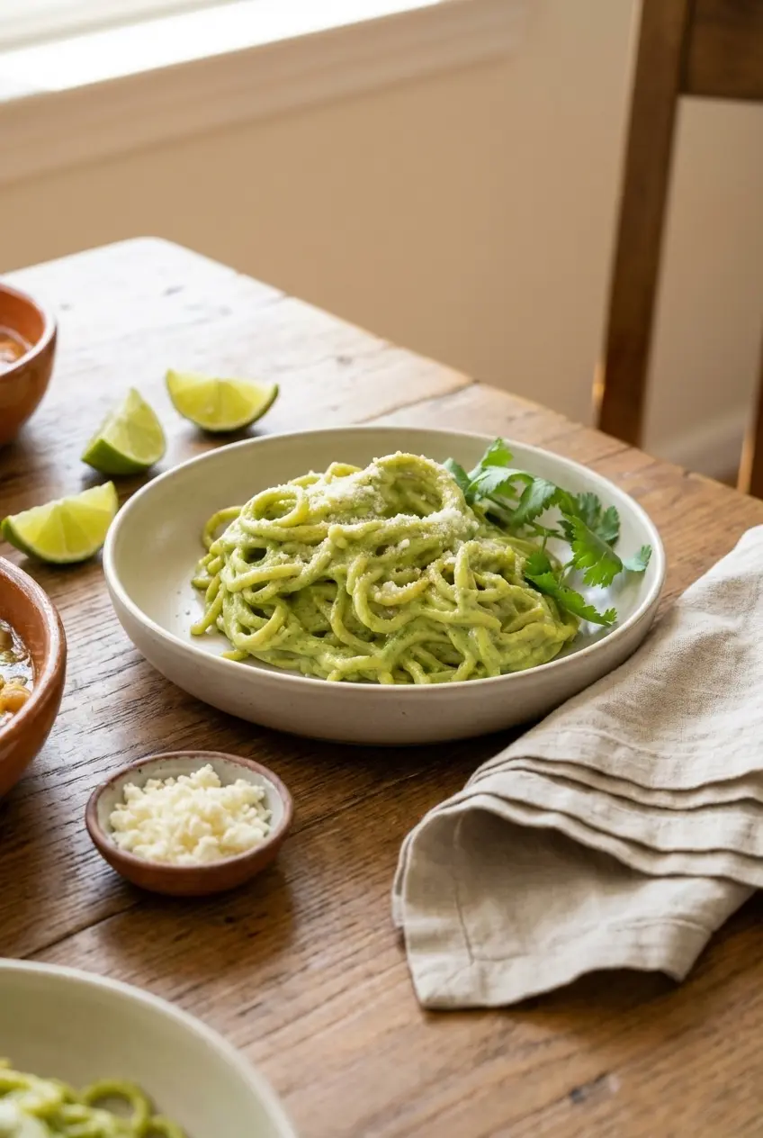 A beautifully plated Mexican green spaghetti recipe garnished with crumbled Cotija cheese and fresh cilantro leaves.