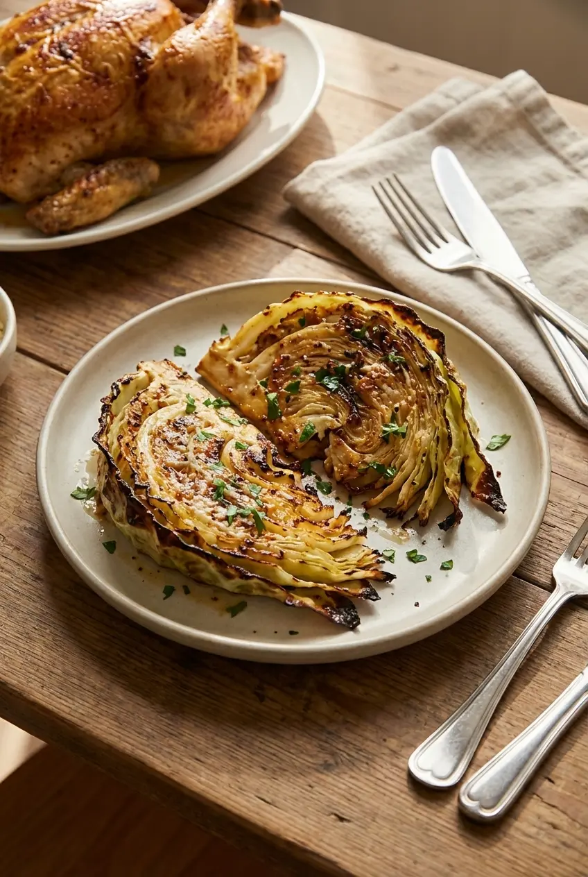 Air fryer cabbage wedges served on a rustic dining table, ready to be enjoyed as a healthy low carb side dish.