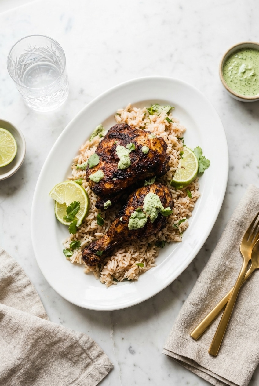 Sliced Pollo a la Brasa recipe served on a dining table with a side of creamy Ají Verde sauce and fresh garnishes.