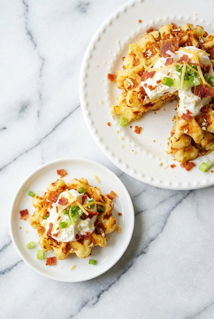 Warm Potato Waffles stacked on a plate next to a waffle iron, ready for a hearty brunch.