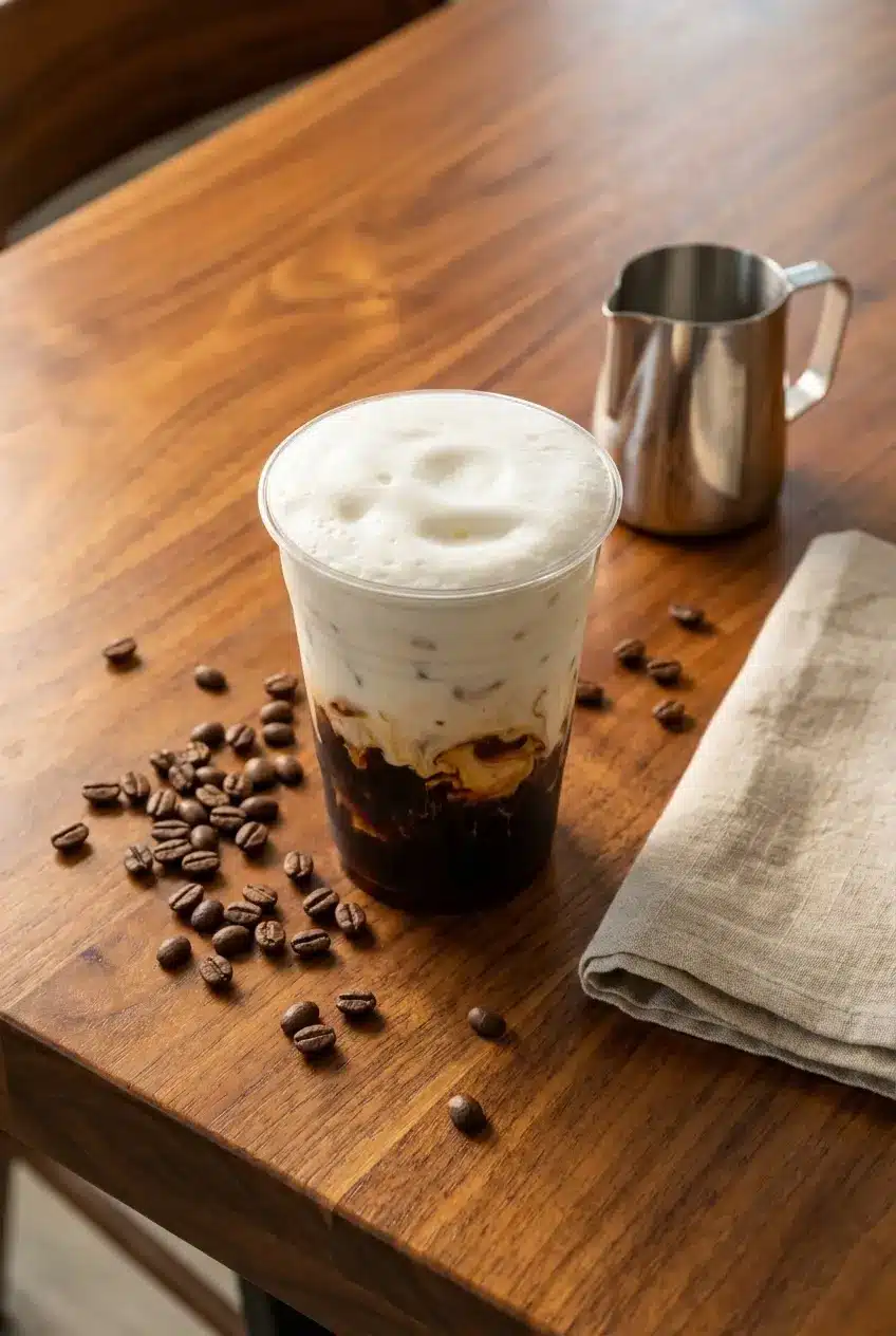 Freshly poured glass of cold brew coffee topped with a protein cold foam recipe on a bright breakfast table.