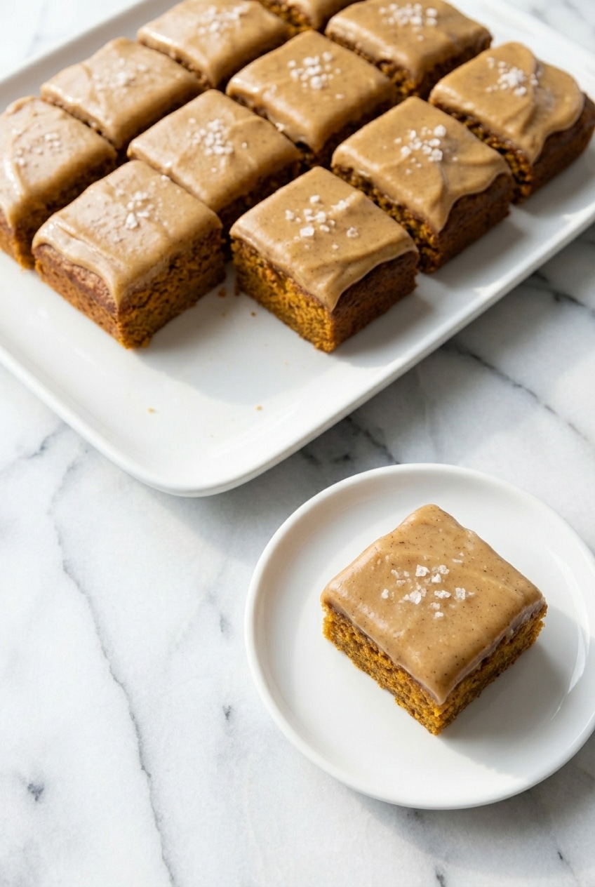 Several sliced pumpkin bars with caramel frosting arranged on a white serving platter, ready for a fall party.