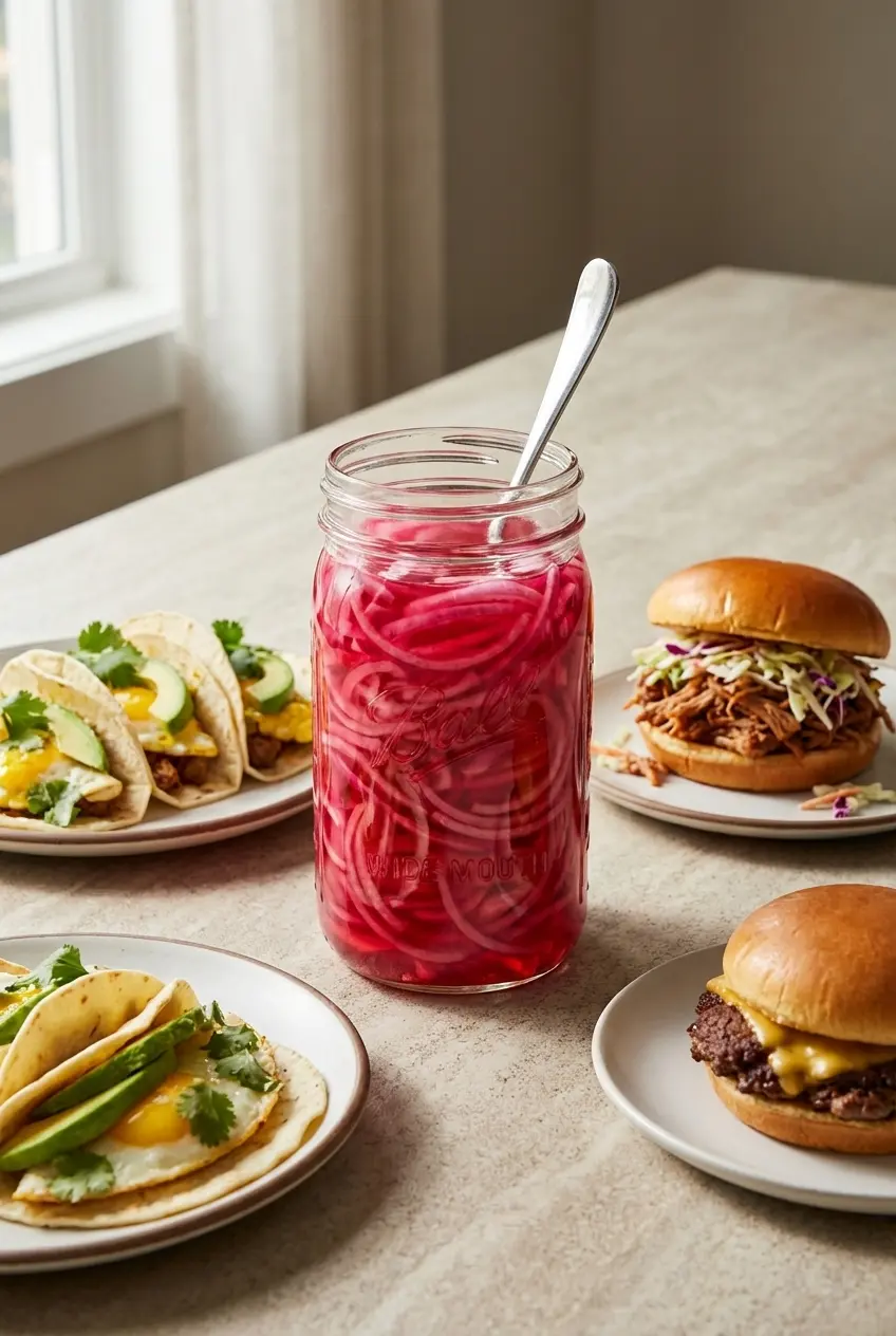 Quick pickled onions stored in a glass mason jar next to fresh tacos on a wooden charcuterie board.
