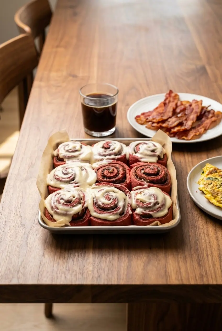 A plate of frosted Red Velvet Cinnamon Rolls being served for a festive holiday breakfast.