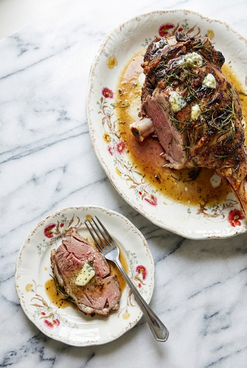 Sliced roast lamb leg with gravy arranged on a platter for a traditional Sunday roast dinner.