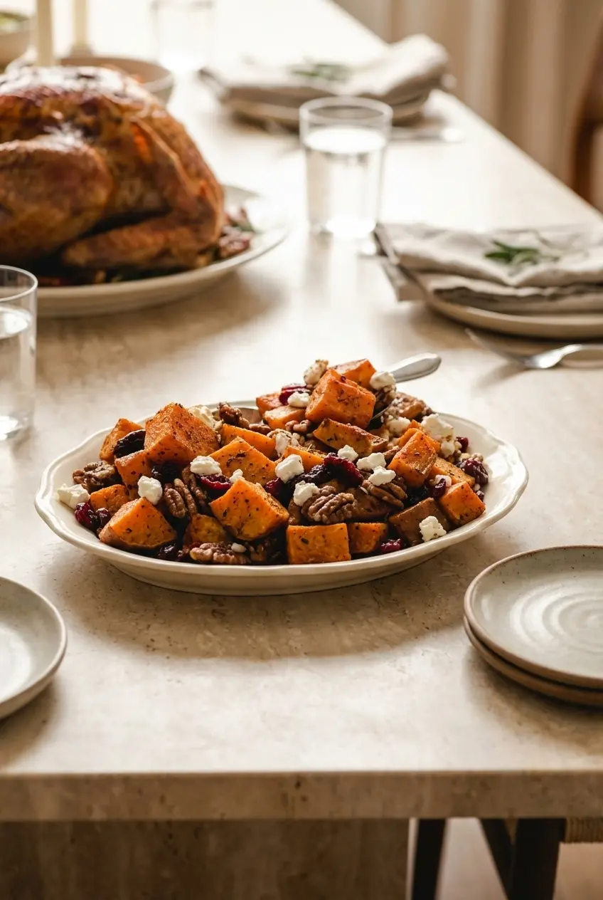 Roasted sweet potatoes and goat cheese served in a rustic ceramic dish on a festive holiday dinner table.