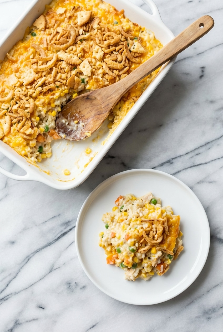 A warm serving of rotisserie chicken and rice casserole on a dinner plate ready for a weeknight dinner.