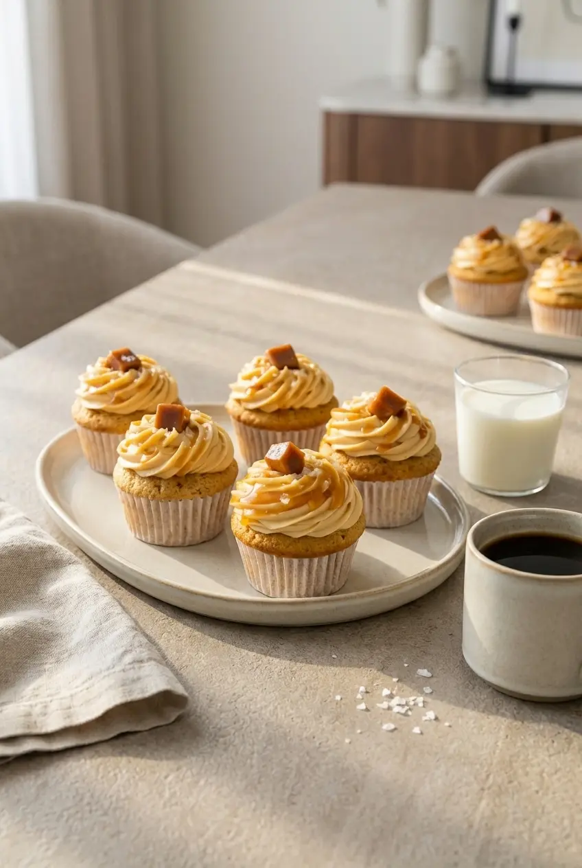A platter of salted caramel cupcakes ready for serving at a festive dessert table.