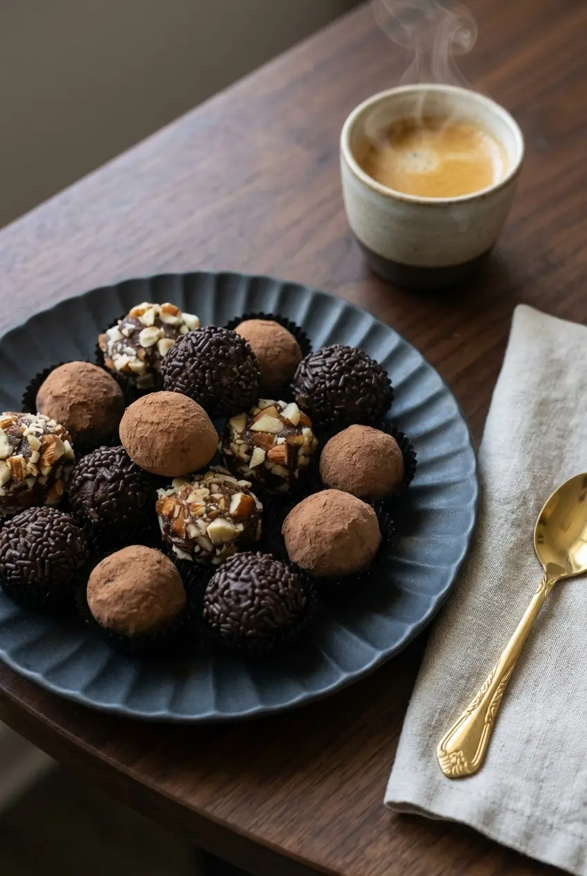 Salted Caramel Truffles served on a decorative plate with a dusting of cocoa powder.