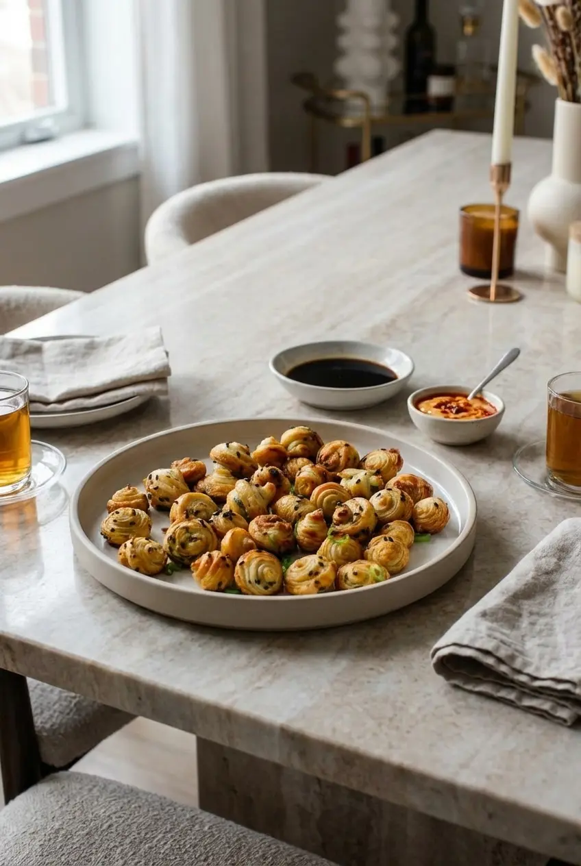A platter of scallion pancake croissant bites served with soy sauce and black vinegar dipping sauce.