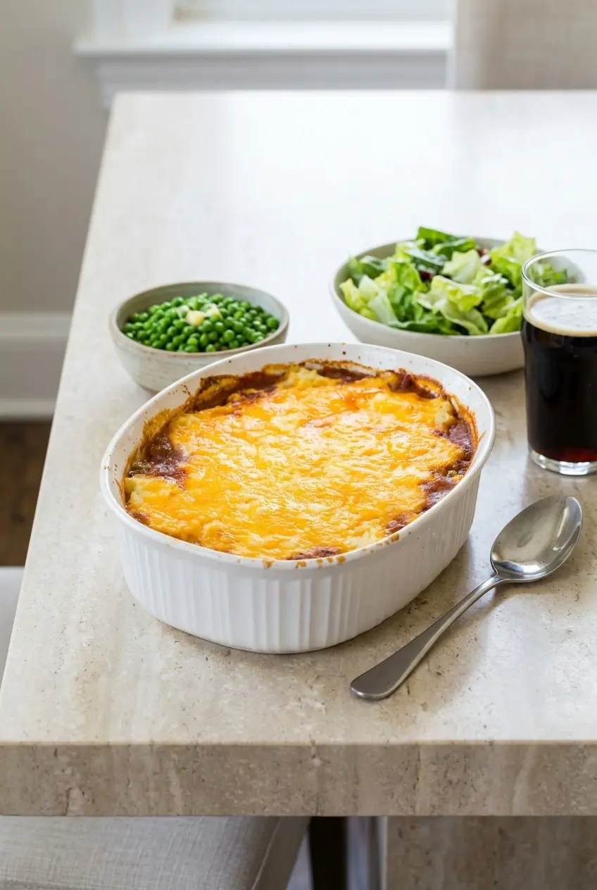 A warm serving of Shepherd's Pie Casserole plated for a cozy family dinner.