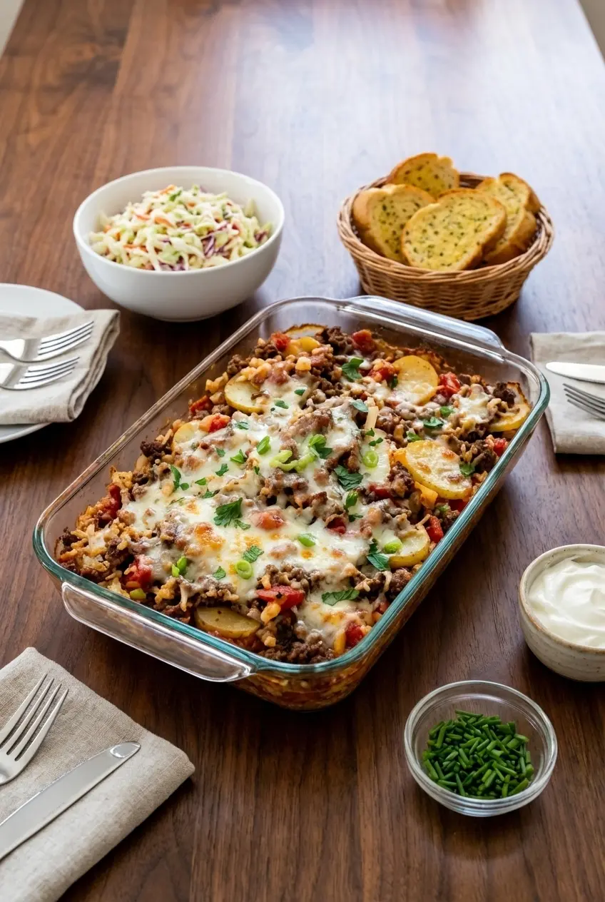A hearty portion of Shipwreck Casserole served on a white plate, ready for a cozy weeknight dinner.