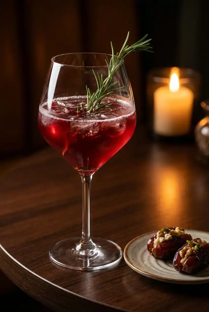 A chilled glass of the sleepy girl mocktail recipe served on a bedside table next to a cozy reading lamp and a good book.